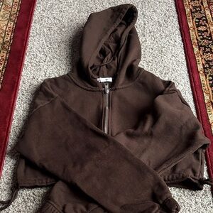 Garage Size XS Brown Cinch-Waist Cropped Zip-Up Hoodie